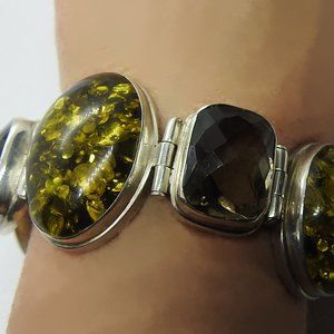 Chunky Sterling Green Amber Smoky Quartz Bracelet